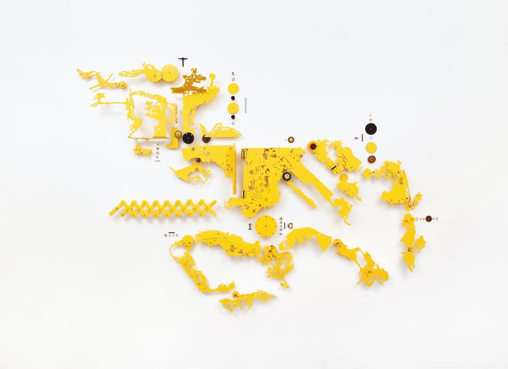 City Diagramming for Hong Kong #2<br />2018, Compressed PVC, Brass, Steel, Hinges, Wood, Rotatable devices<br />Installation size 205 x 140 x 18 cm