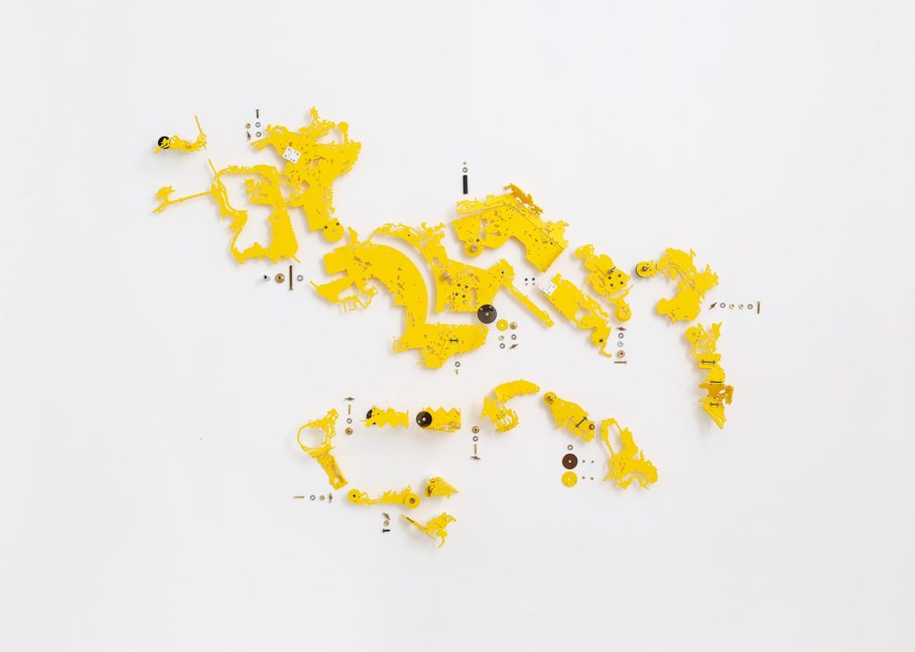 City Diagramming for Hong Kong #3<br />2018, Compressed PVC, Brass, Steel, Wood, Hinges, Rotatable devices<br />Installation size 98 x 63 x 7 cm